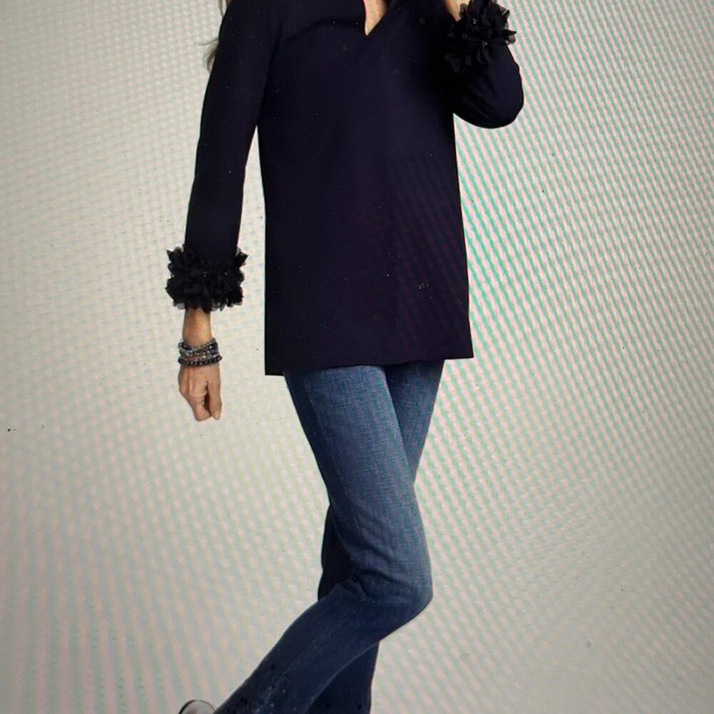 Chico’s Ponte 3D Applique Floral Tunic, Size 2 (Chico's sizes), Navy